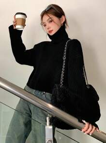 Dazy Star 實色高領披肩毛衣 - 黑色 - 查看 5