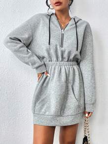 SHEIN LUNE Một nửa khóa kéo Thả vai Dây rút Váy Hoodie - Xám - Xem 5