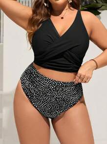Swim Lushoire Summer Beach Plus Size Women's Spotted Print Vest Style Bikini Set - Black - View 1