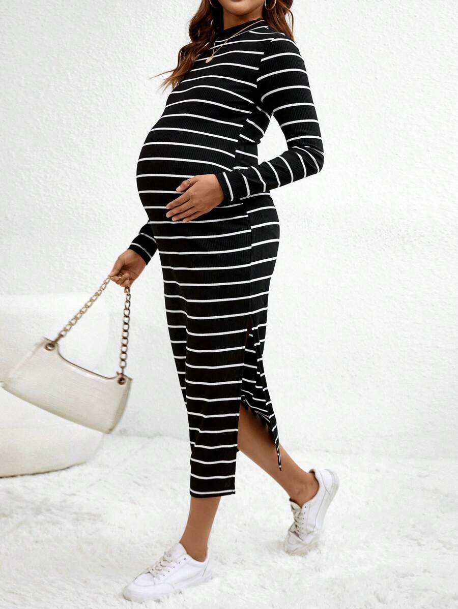 SHEIN Maternity Striped Print Split Thigh Dress With Long Sleeve