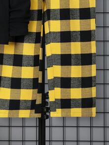 SHEIN 男大童字母圖案T恤&大格紋長褲睡衣套裝 - 黃色 - 查看 7