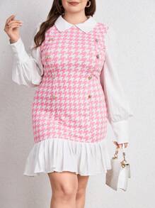 SHEIN Privé 大碼千鳥格印花荷葉邊洋裝 - 粉色 - 查看 3