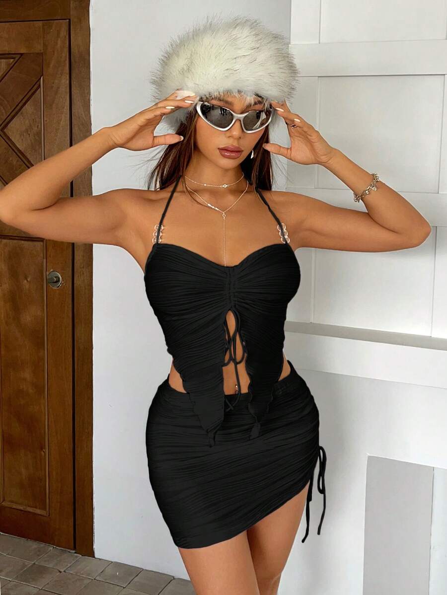 SHEIN ICON Dây rút Viền không đối xứng Áo Crop Halter & Váy bodycon - màu đen - Xem 1
