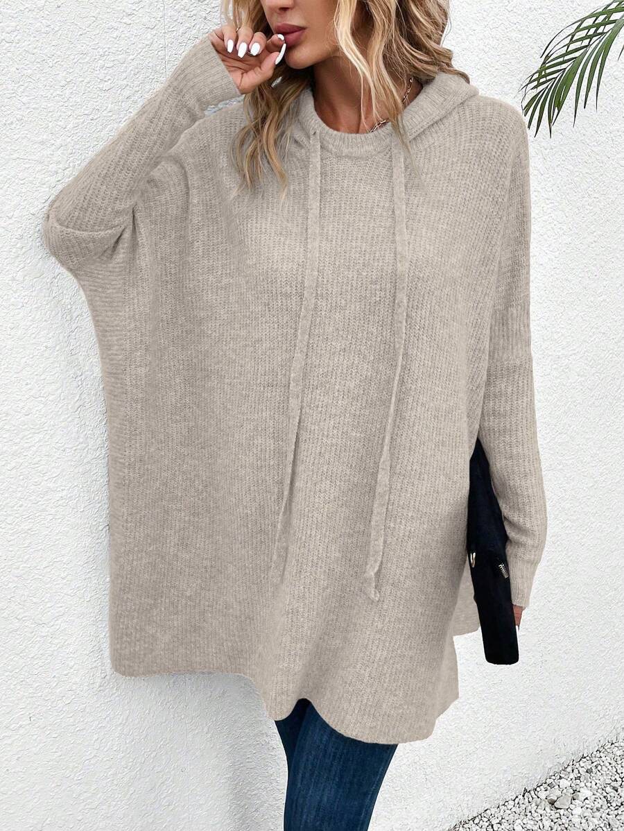 SHEIN LUNE 蝙蝠袖抽绳连帽针织套头衫 秋冬毛衣 - 灰色 - 查看 1
