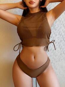 SHEIN Swim Women's Solid Color Halter Strap Bra & Swim Bottom Bikini Set With Matching Cover Up Top Bathing Suit For Summer Beach - Coffee Brown - View 2