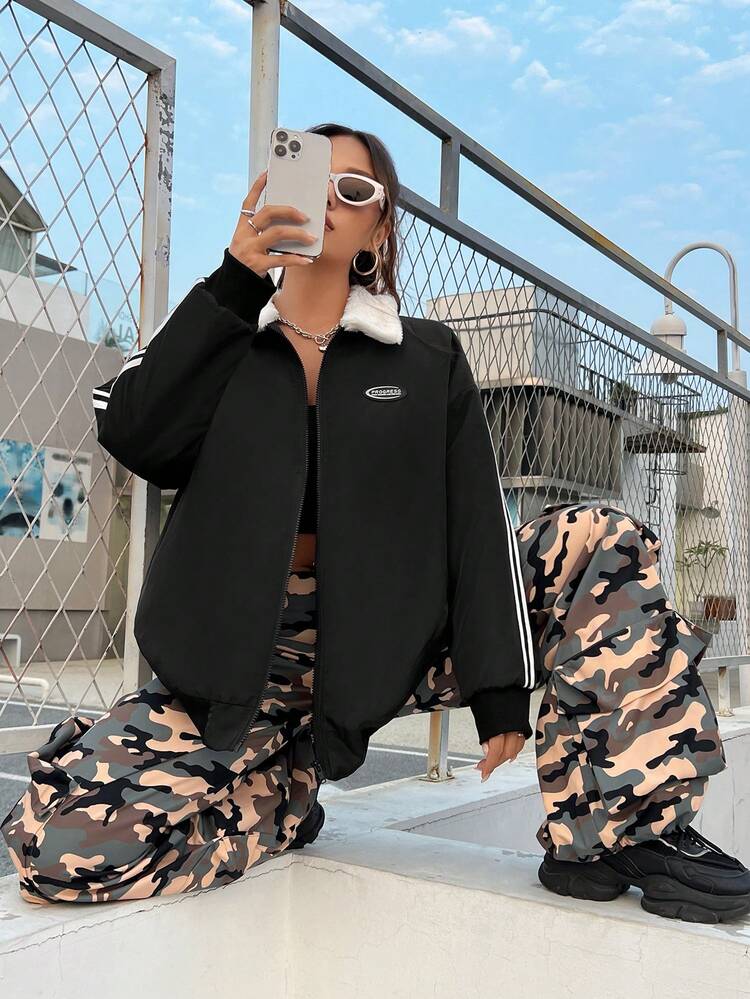 Striped Side Contrast Collar Jacket