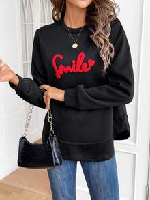 SHEIN Frenchy 字母貼布落肩袖運動衫 - 黑色 - 查看 4