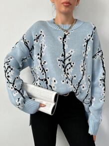 花卉圖案下垂肩針織衫 - 藍色 - 查看 1