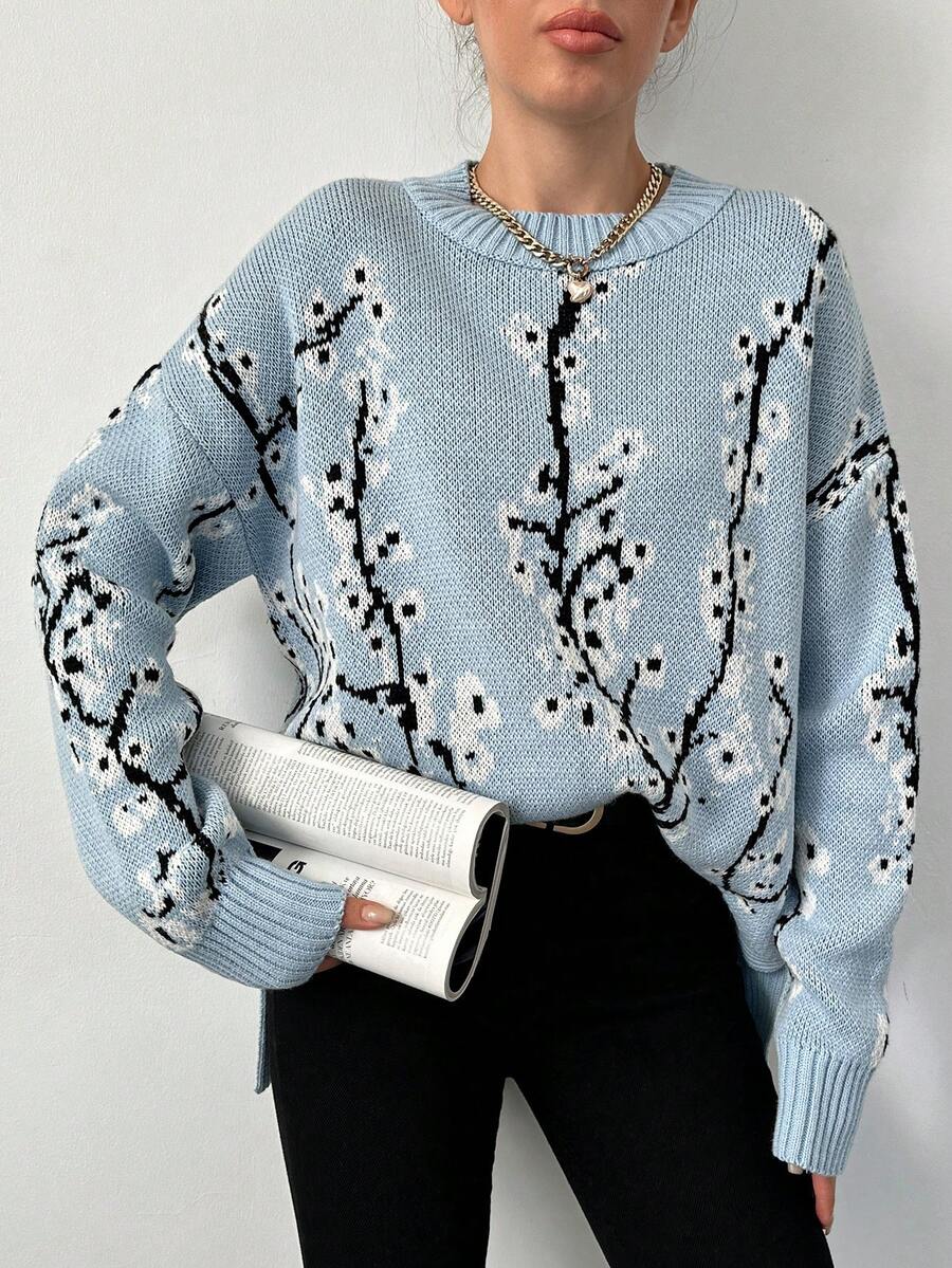 花卉圖案下垂肩針織衫 - 藍色 - 查看 1