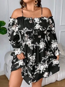 SHEIN LUNE 大碼印花挖肩荷葉袖前打結連衣裙 - 彩色 - 查看 6