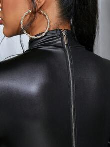 Rave Festival Rhinestone Detail Mock Neck Zipper Back PU Leather Club Top - Black - View 6