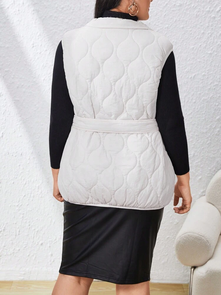 Women's Plus Size Vest-front Padded Coat With Decorative Waist Belt