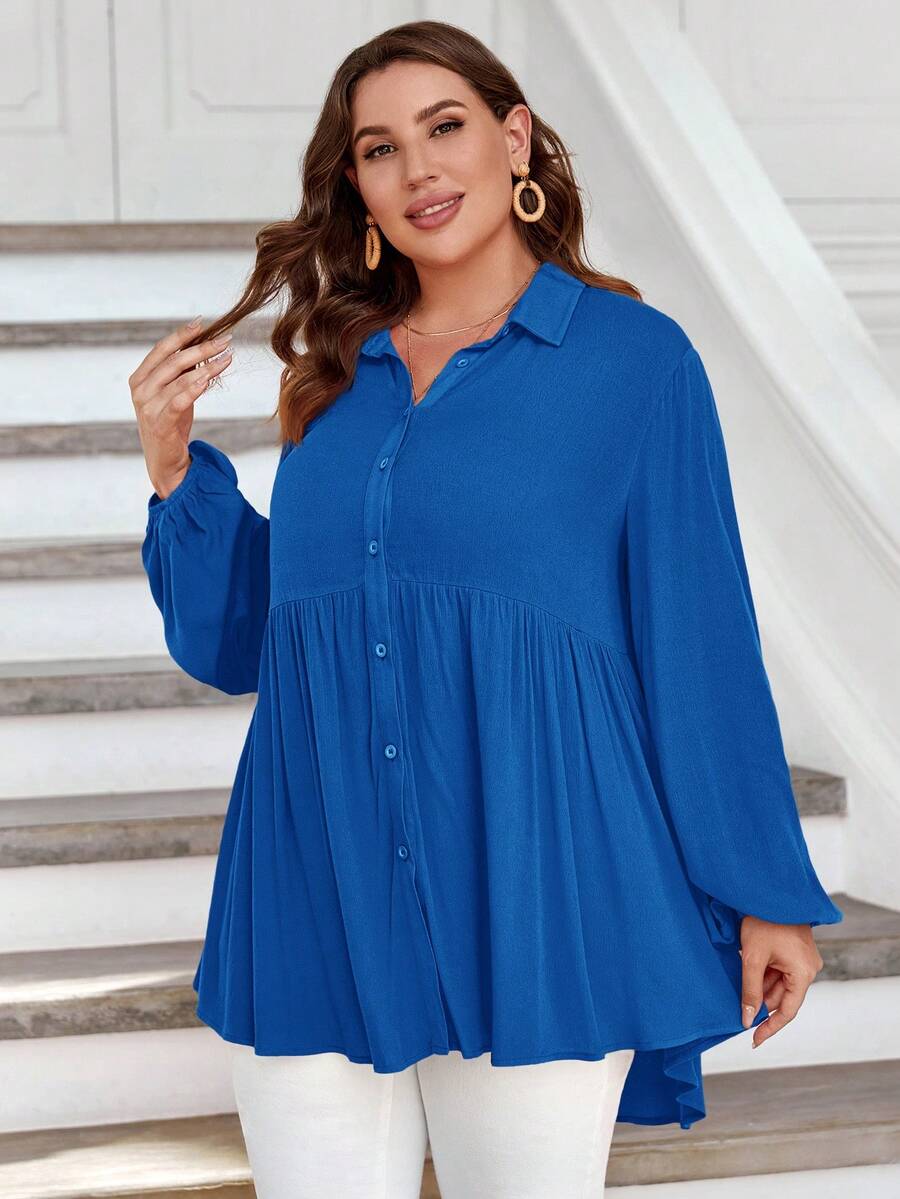 SHEIN LUNE Hơn Chất rắn Nút phía trước Xoay eo Áo sơ mi - Xanh đậm - Xem 1