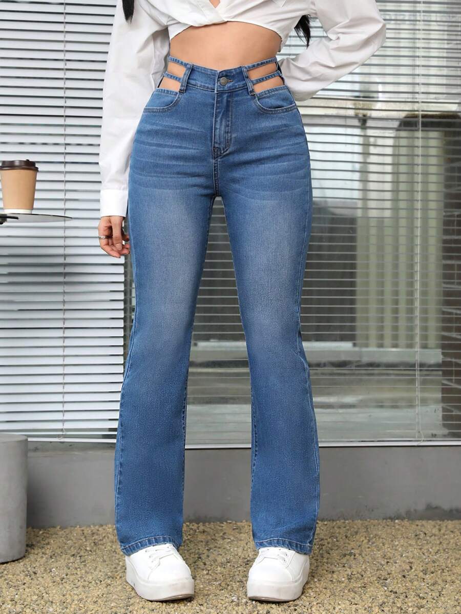 SHEIN EZwear 女用鏤空腰部喇叭牛仔褲 - 中等水洗藍 - 查看 1