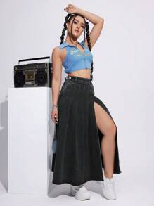 SHEIN EZwear Túi nghiêng Tách đùi Váy Denim - Màu Xám nhạt - Xem 2