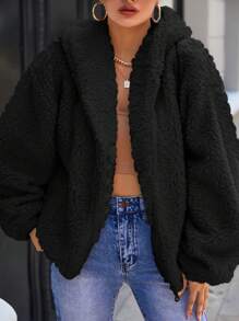 RueChic 女士純色毛絨帽兜夾克 - 黑色 - 查看 1