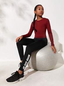 SHEIN Dệt kim Mẫu chữ Thể thao Quần , Đối với Bé gái tuổi teen - màu đen - Xem 5