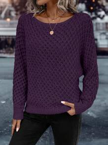 SHEIN Clasi 女士蝙蝠袖毛衣，长袖针织套头衫，秋冬毛衣 - 紫色 - 查看 3