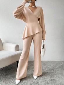 SHEIN Privé 女士不規則下擺披領上衣和喇叭褲套裝 - 卡其色 - 查看 1