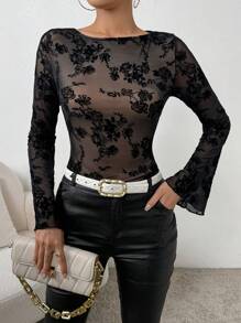 SHEIN Privé In hoa tay áo lá sen Áo thun - màu đen - Xem 6