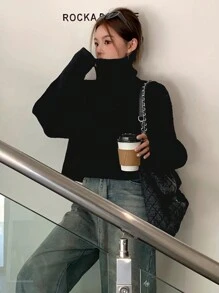 Dazy Star 實色高領披肩毛衣 - 黑色 - 查看 4