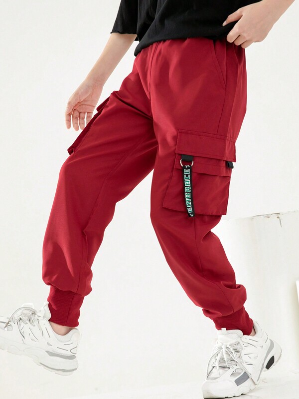 SHEIN Tween Boys' Cargo Style Pants With Woven Tape And Iron Rings