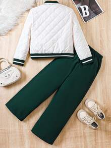 SHEIN Cô gái Tween Đơn giản Kim cương Chần Áo khoác Và Quần chân thẳng Bộ - màu xanh lá - Xem 2