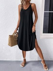 Solid Curved Hem Cami Dress - Black - View 6