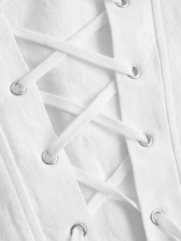 Women's White Lace Trimmed Strapless Denim Top With Tied Waist