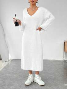 SHEIN EZwear 素色落肩袖絨毛針織毛衣洋裝 - 白色 - 查看 1