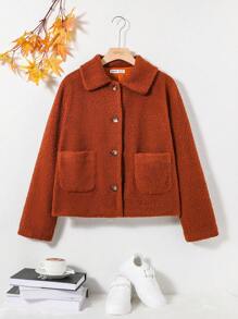 SHEIN Teen Girl Dual Pocket Button Front Teddy Coat - Brown - View 1