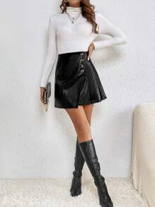 SHEIN Frenchy High Waist Button Front PU Leather Skirt - Black - View 3