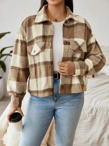 SHEIN Clasi Plus Plaid Print Drop Shoulder Jacket - Khaki - View 2