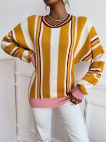 SHEIN LUNE Striped Pattern Batwing Sleeve Knit Pullover Fall Winter Sweater - Multicolor - View 3