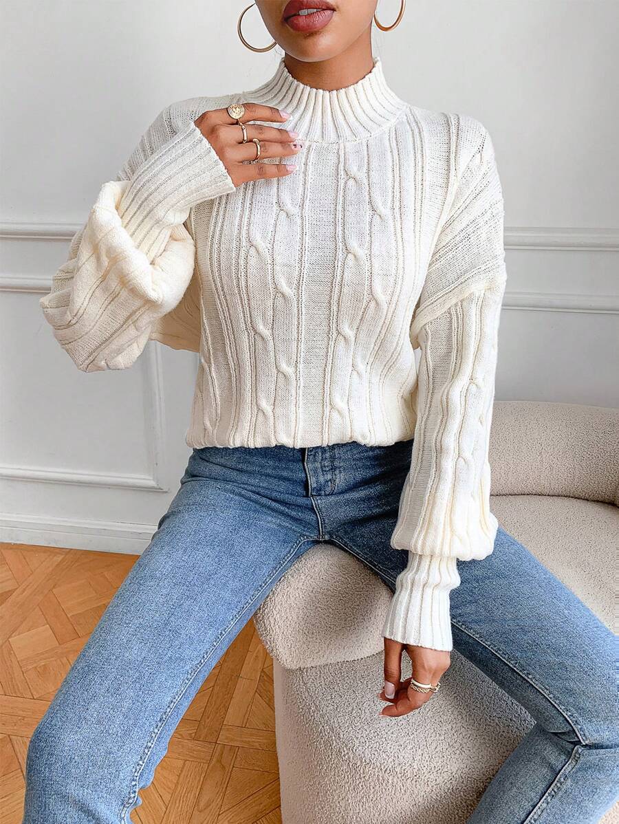 SHEIN LUNE Mock Neck Drop Shoulder Cable Knit Pullover Fall Winter Sweater - Beige - View 1