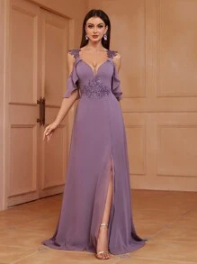SHEIN Belle 露肩設計,刺繡貼花,a字伴娘服（成人） - 紫色 - 查看 5
