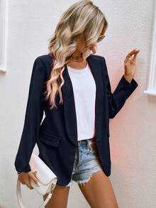 SHEIN LUNE Shawl Collar Open Front Blazer - Navy Blue - View 4