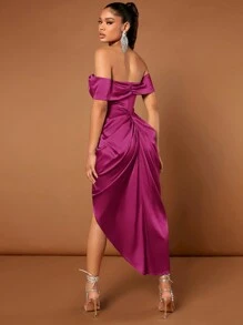 SHEIN BAE Vestido de hombros descubiertos fruncido bajo asimétrico - Rojo violeta - Ver 2