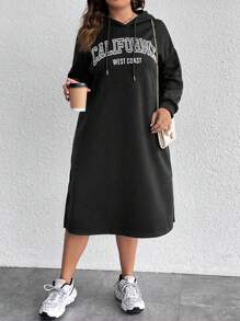 SHEIN LUNE Plus Letter Graphic Drop Shoulder Drawstring Hooded Sweatshirt Dress Graduation,Back To School Outfits,Graduation,Teacher Outfits For Women,Back To School Pullover Fall Outfit - Black - View 5