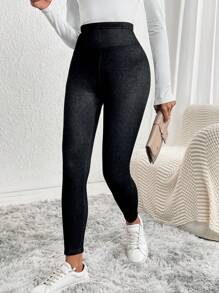 SHEIN LUNE Solid Thermal Leggings - Black - View 5