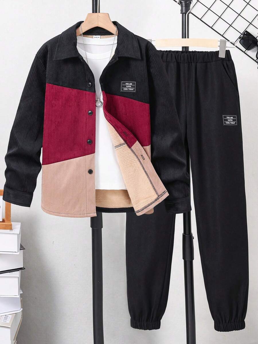SHEIN Men'S Color Block Patched Fleece Jacket And Long Pants Set - Multicolor - View 1