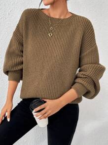 SHEIN Essnce Drop Shoulder Ribbed Knit Sweater - Khaki - View 6