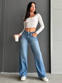 EURMUSE 100%Cotton Low Waist Wide Leg Medium Wash - Medium Wash - View 3