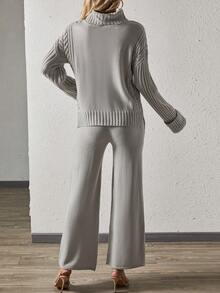 SHEIN Essnce 高領落肩毛衣和針織褲 - 灰色 - 查看 2