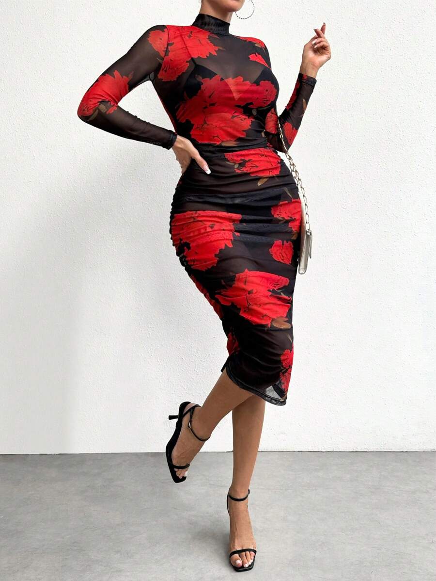 SHEIN Privé Floral Print Mock Neck Ruched Mesh Bodycon Dress Without Lingerie Set - Multicolor - View 1