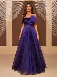 SHEIN Belle Off-shoulder, Gradient Color Tulle Maxi Evening Dress With 3d Flower Detail (heavy Work) - Purple - View 2