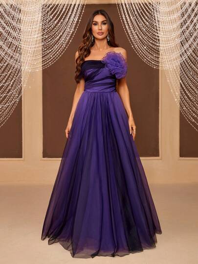 SHEIN Belle Off-shoulder, Gradient Color Tulle Maxi Evening Dress With 3d Flower Detail (heavy Work)