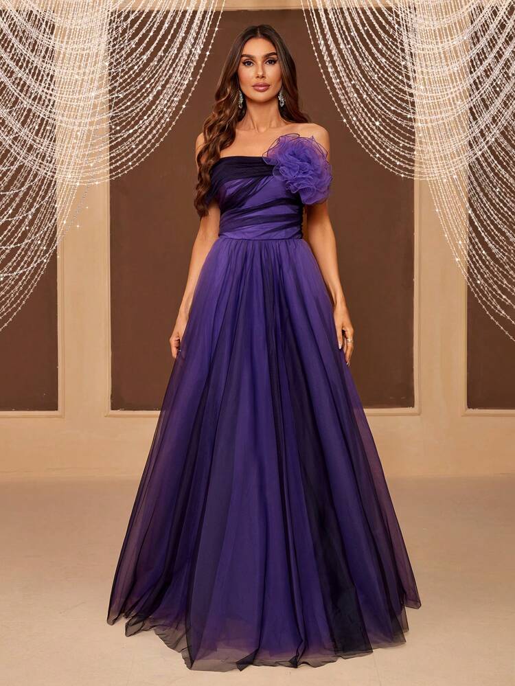 Off-shoulder, Gradient Color Tulle Maxi Evening Dress With 3d Flower Detail (heavy Work)