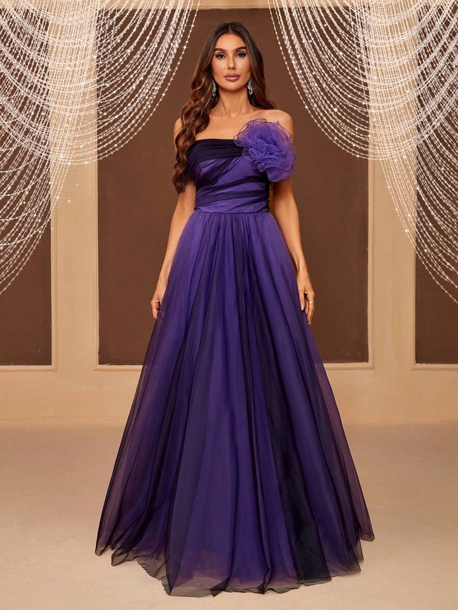 SHEIN Belle Off-shoulder, Gradient Color Tulle Maxi Evening Dress With 3d Flower Detail (heavy Work)