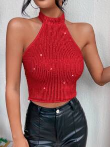 SHEIN BAE 閃粉短款露背上衣 - 紅色 - 查看 1